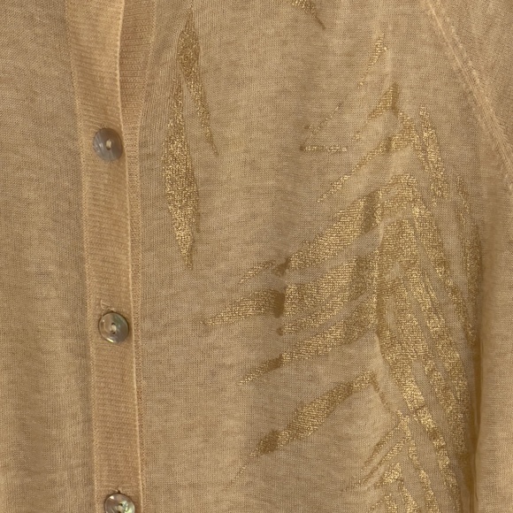 ST. JOHN Beige Semi-Sheer Thin Knit Cardigan Sweater Sz L Metallic‎ Gold Print - Picture 4 of 7